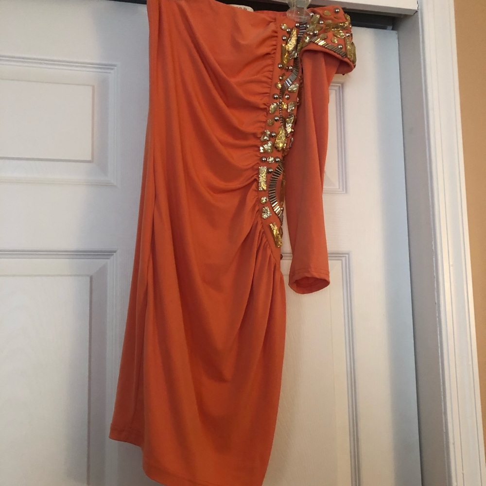 Peach embellished one shoulder mini dress